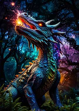 Dragon breathing fire in a magical forest