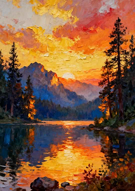 Sunset Over Mountain Lake