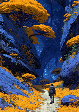 Astronaut exploring alien canyon