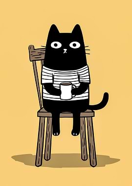 Black Cat with Coffee on Chair