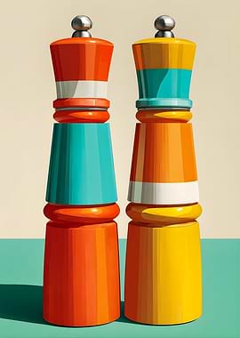 Retro Salt and Pepper Mills Kitchen Poster - Teal and Orange Color Block Art - Mid Century Modern Style Art