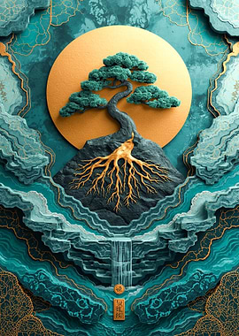 Zen Bonsai Tree Waterfall Art