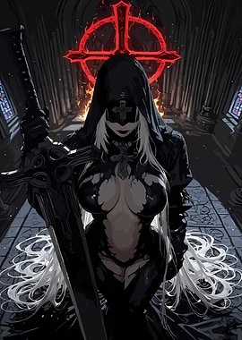 Dark Nun with Sword and Fiery Symbol