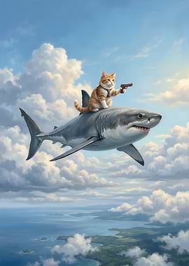Cat riding a shark in the sky