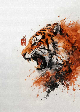 Roaring Tiger Watercolor Splash Art