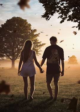 Couple walking in autumn field