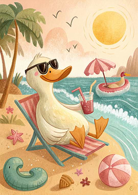 Duck relaxing on a beach chair