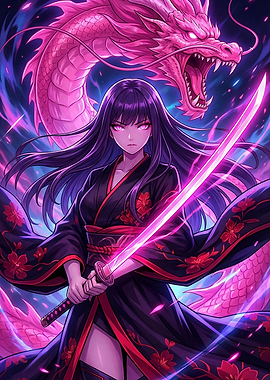 Anime Girl with Dragon and Katana