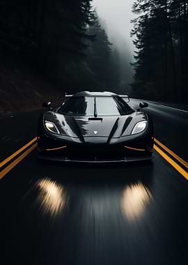 Sports car on a foggy road