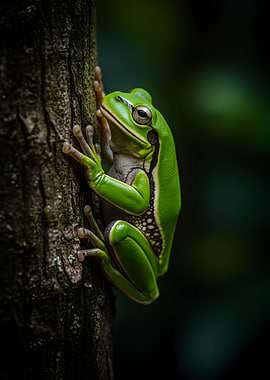Green Tree Frog on Tree Bark