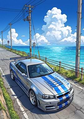 Tuned Car on Coastal Road