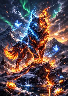 Elemental Wolf in Snowy Mountains