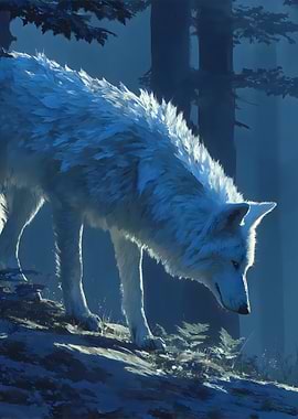 White wolf in a misty forest