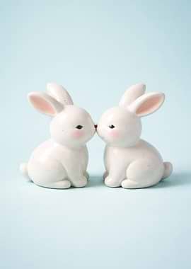 Two White Ceramic Bunnies Kissing