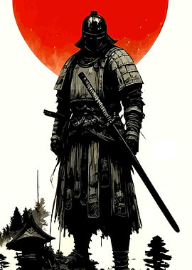 Samurai Warrior Against Red Sun