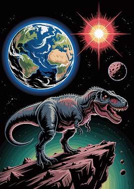 Dinosaur on a rock in space
