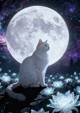 White Cat Under the Full Moon