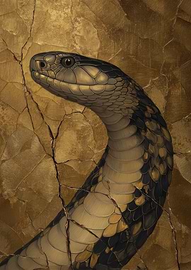 Detailed Snake Portrait on Gold Leaf
