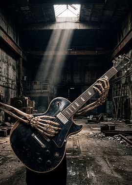 Skeleton Playing Guitar in Abandoned Factory