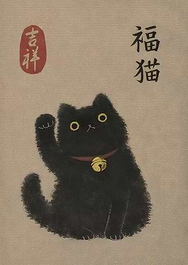 Black Maneki Neko Cat with Bell