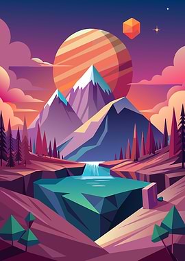 Pixelated Alien Landscape with Mountains and Waterfall
