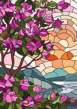 Stained Glass Floral Landscape
