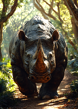 Rhino walking on a forest path
