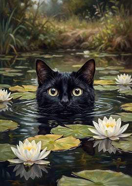 Black Cat in Water Lilies
