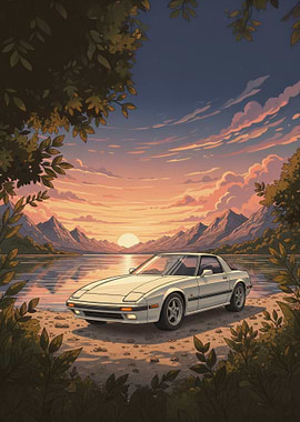 Retro Car by Lake at Sunset