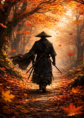 Samurai Walking Through Autumn Forest