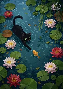 Black cat and goldfish in a pond