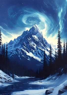 Aurora Borealis Over Snowy Mountains