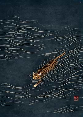 Tiger Cat Swimming in Dark Water