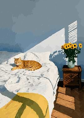 Orange cat on a bed with sunflowers