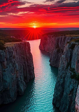 Dramatic Sunset Over a River Gorge