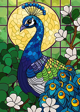 Stained Glass Peacock with Flowers