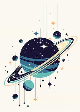 Retro Space Planet with Rings and Stars