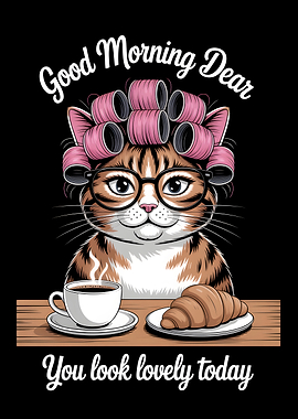 Cat with Hair Rollers and Coffee