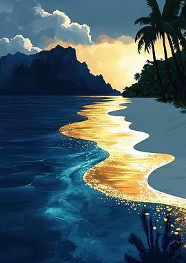 Tropical Beach Sunset with Palm Trees