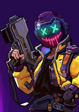 Cyberpunk character with glowing mask and gun