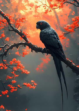 Black Parrot on Cherry Blossom Branch