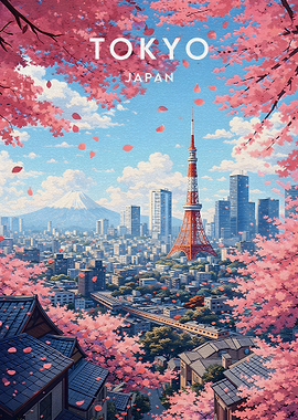Tokyo Cityscape with Cherry Blossoms