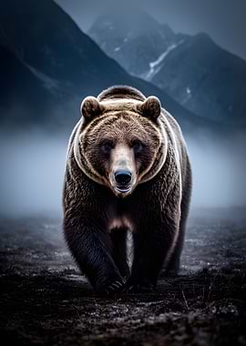 Bear walking in misty mountains