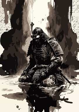 Samurai kneeling in water Art