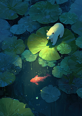 Bear Cub Watching a Koi Fish