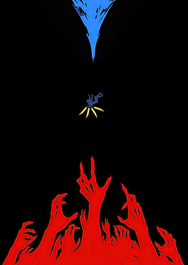 Falling Figure Between Blue and Red Hands