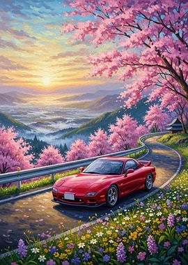 Red Sports Car on Cherry Blossom Road