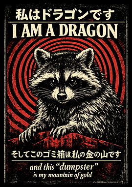 I Am A Dragon Raccoon Poster, Funny Dumpster Raccoon Art, Retro Japanese Style Wall Print
