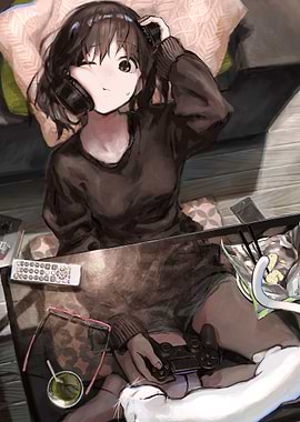 Girl playing video games with headphones