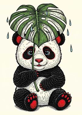 Cute Panda Under a Leaf Umbrella